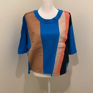 Free People Movement Inspire Oversize Cropped Tee Vertical Stripes Blue Boxy M‍‍